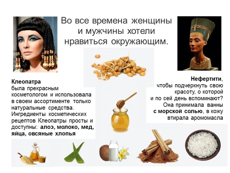 Во все времена женщины  и мужчины хотели  нравиться окружающим. Клеопатра была прекрасным